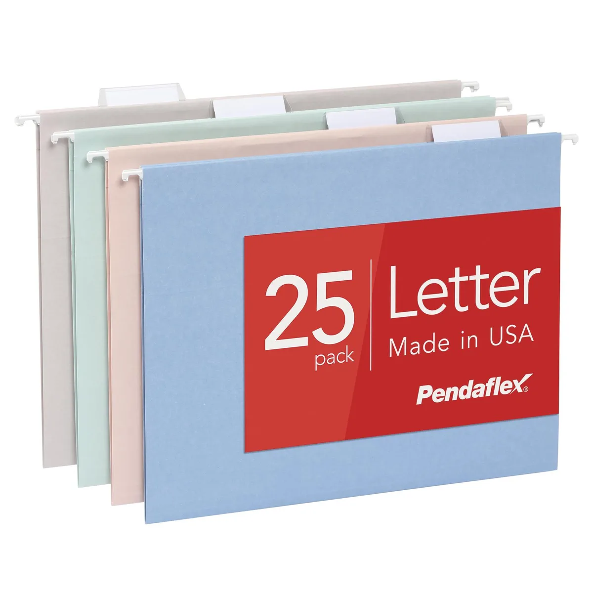 A box of 25 letter-size hanging file folders in pastel colours with clear tabs and inserts