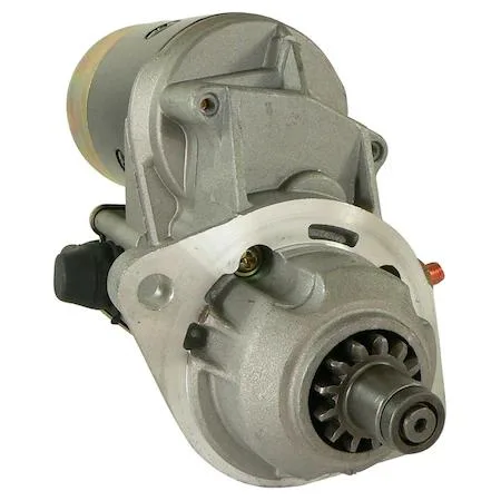 Cylindrical silver starter motor with mounting flange and electrical terminal visible
