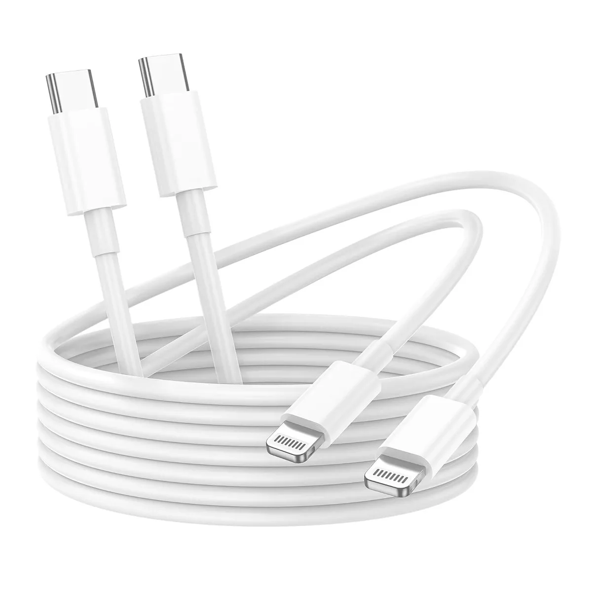 Two white USB-C to Lightning cables coiled together