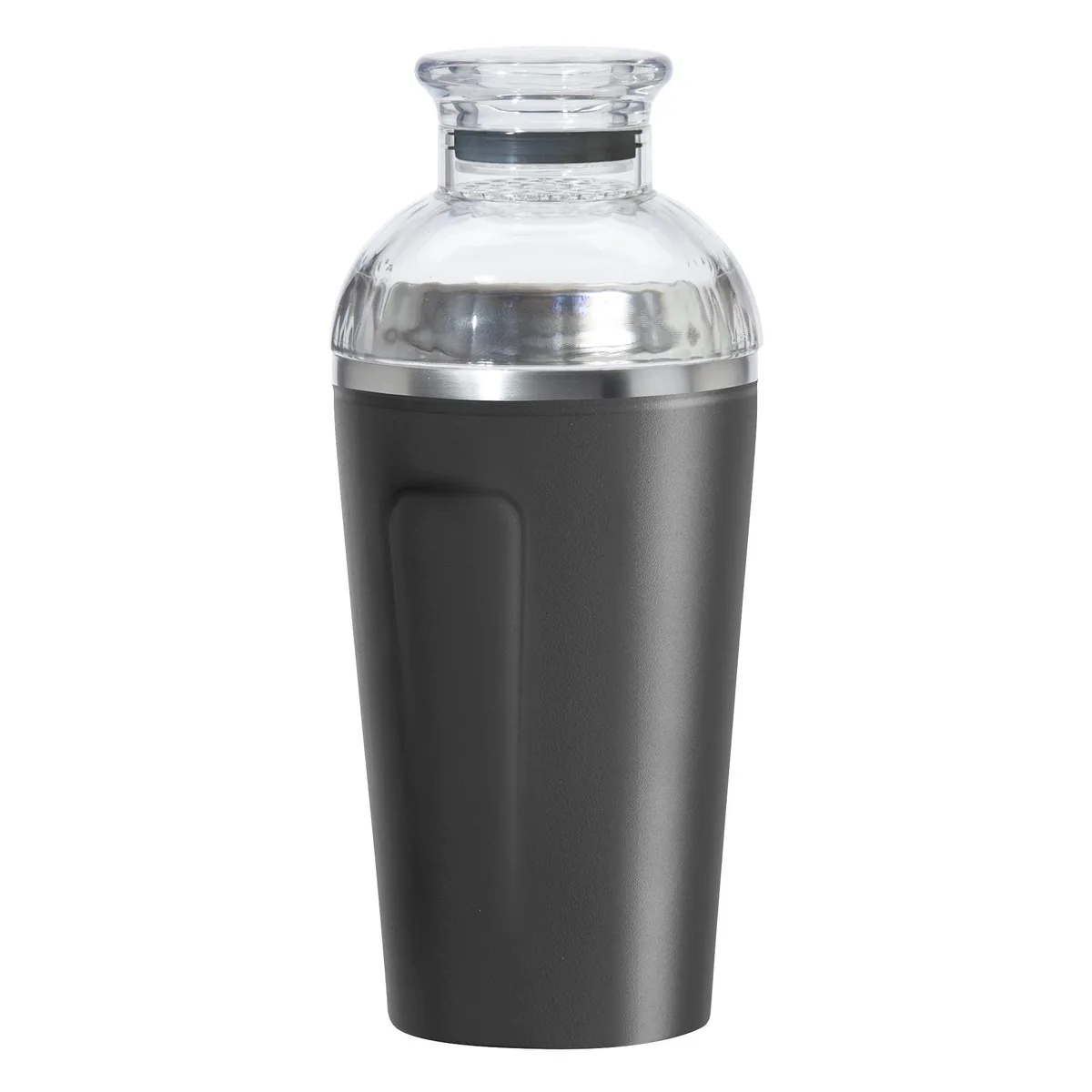 Black brushed stainless steel cocktail shaker with grooved grip and Tritan lid