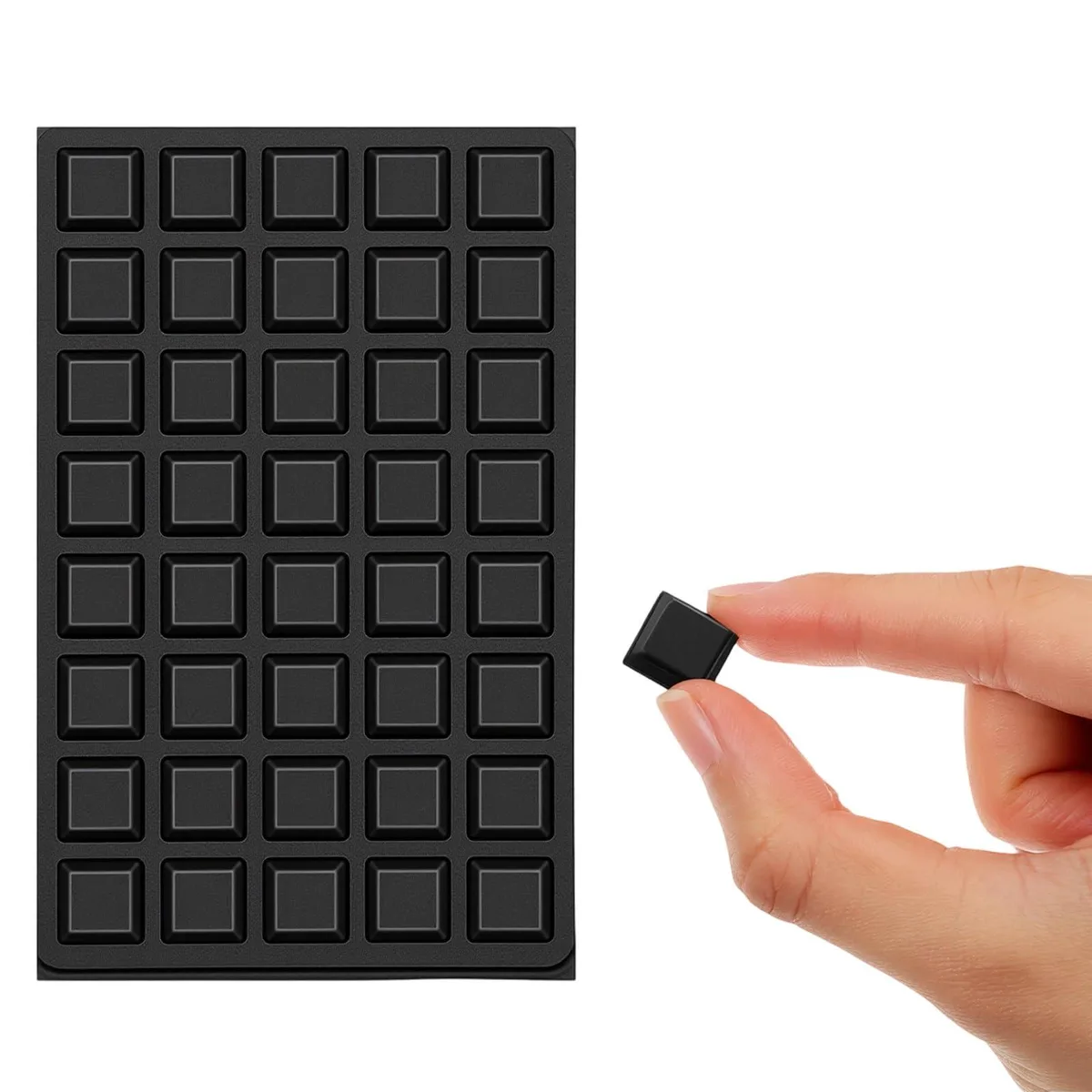 Sheet of 80 small square black silicone bumpers, each 0.5 by 0.5 by 0.16 inches
