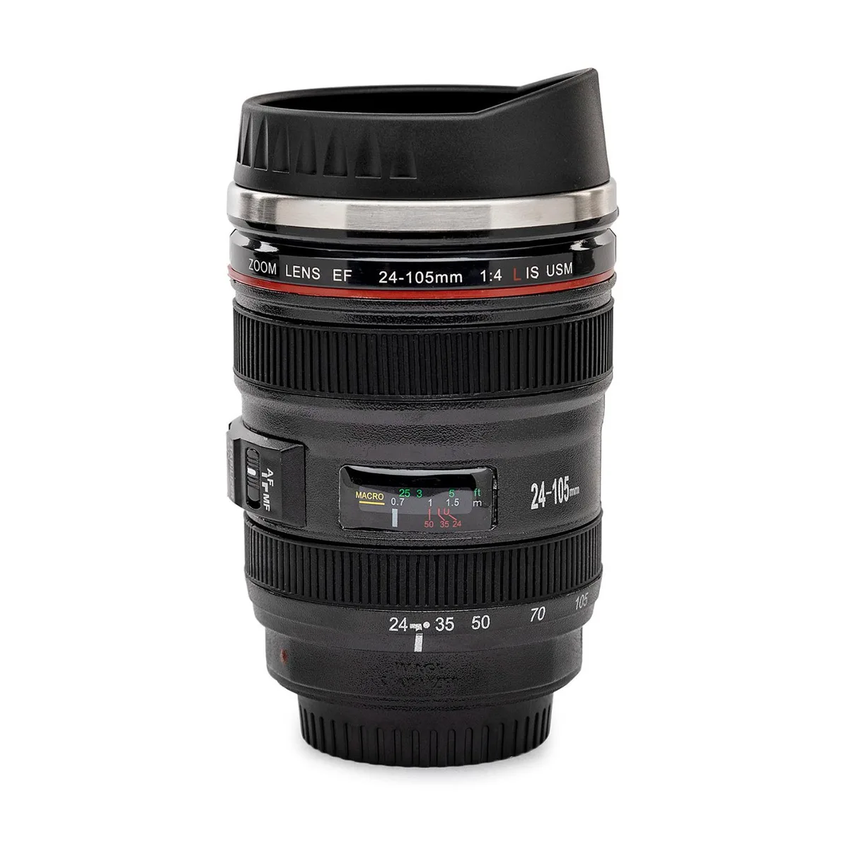 Camera lens shaped mug, stainless steel interior, ABS plastic exterior, screw lid with thumb slider