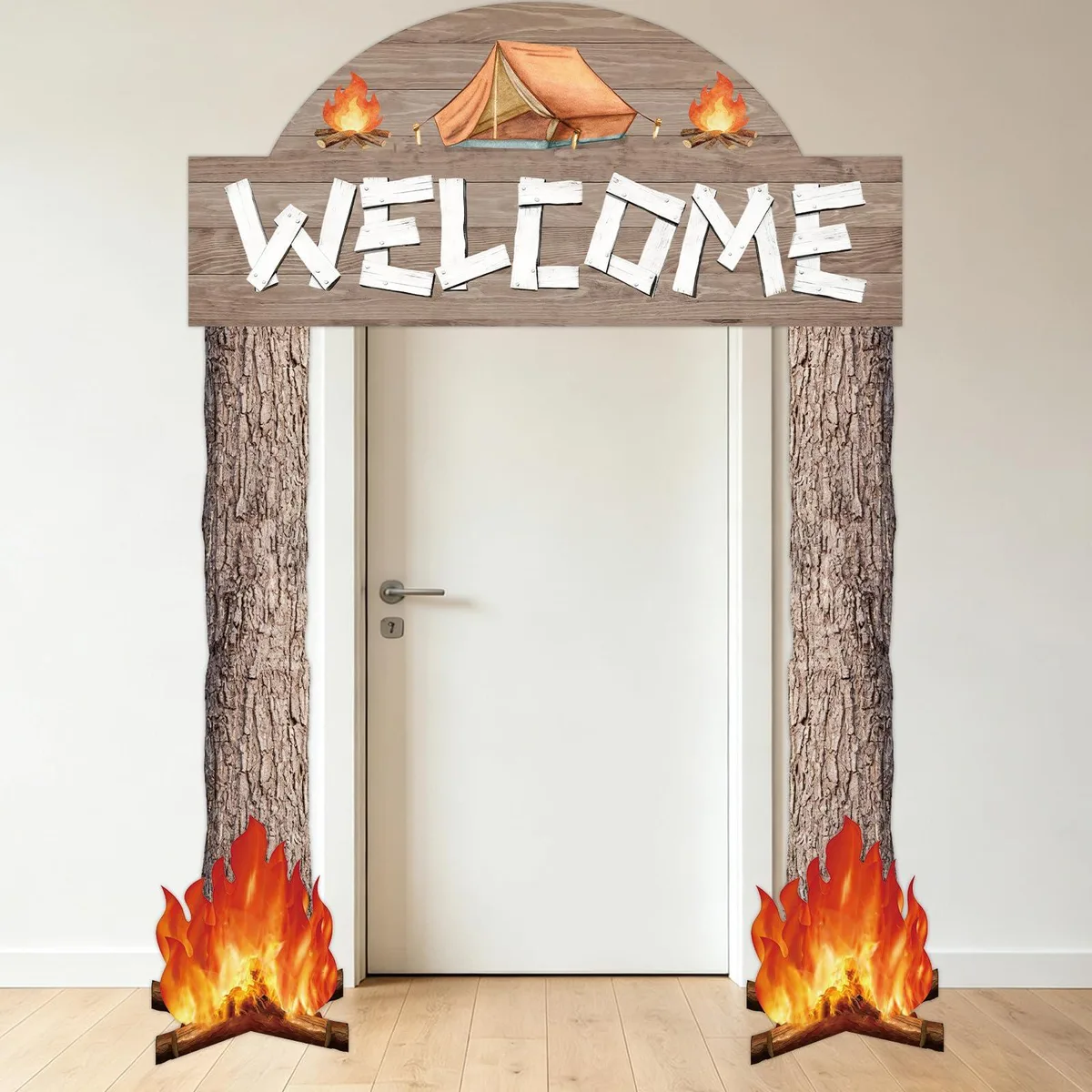 Camping banner set with 3D cardboard campfire, brown and red polyester fabric and paper decorations