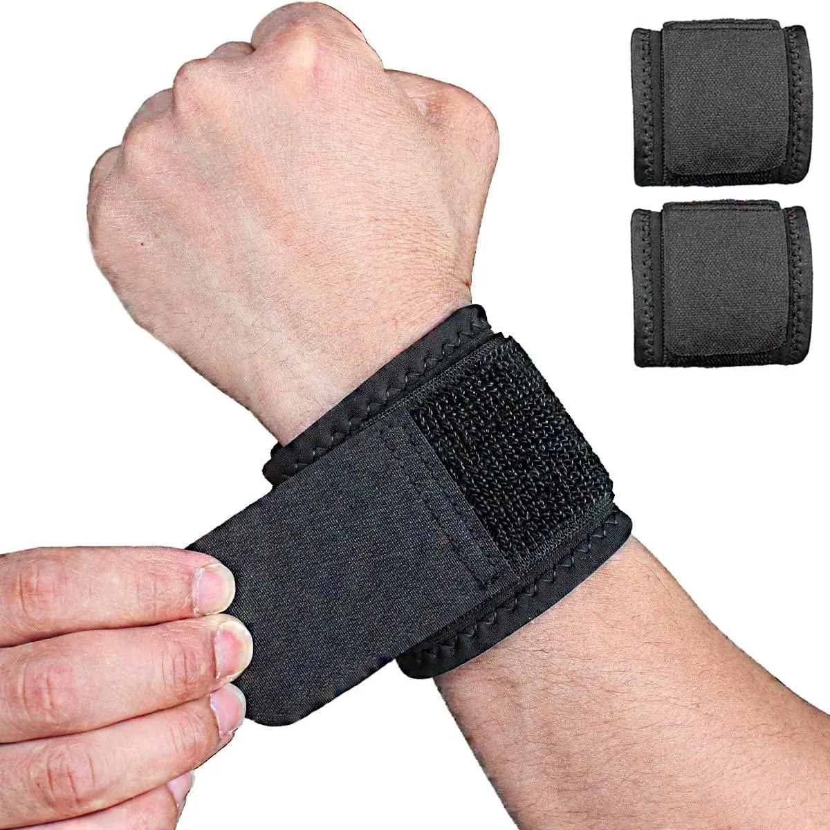 Two black adjustable wrist support braces with elastic straps