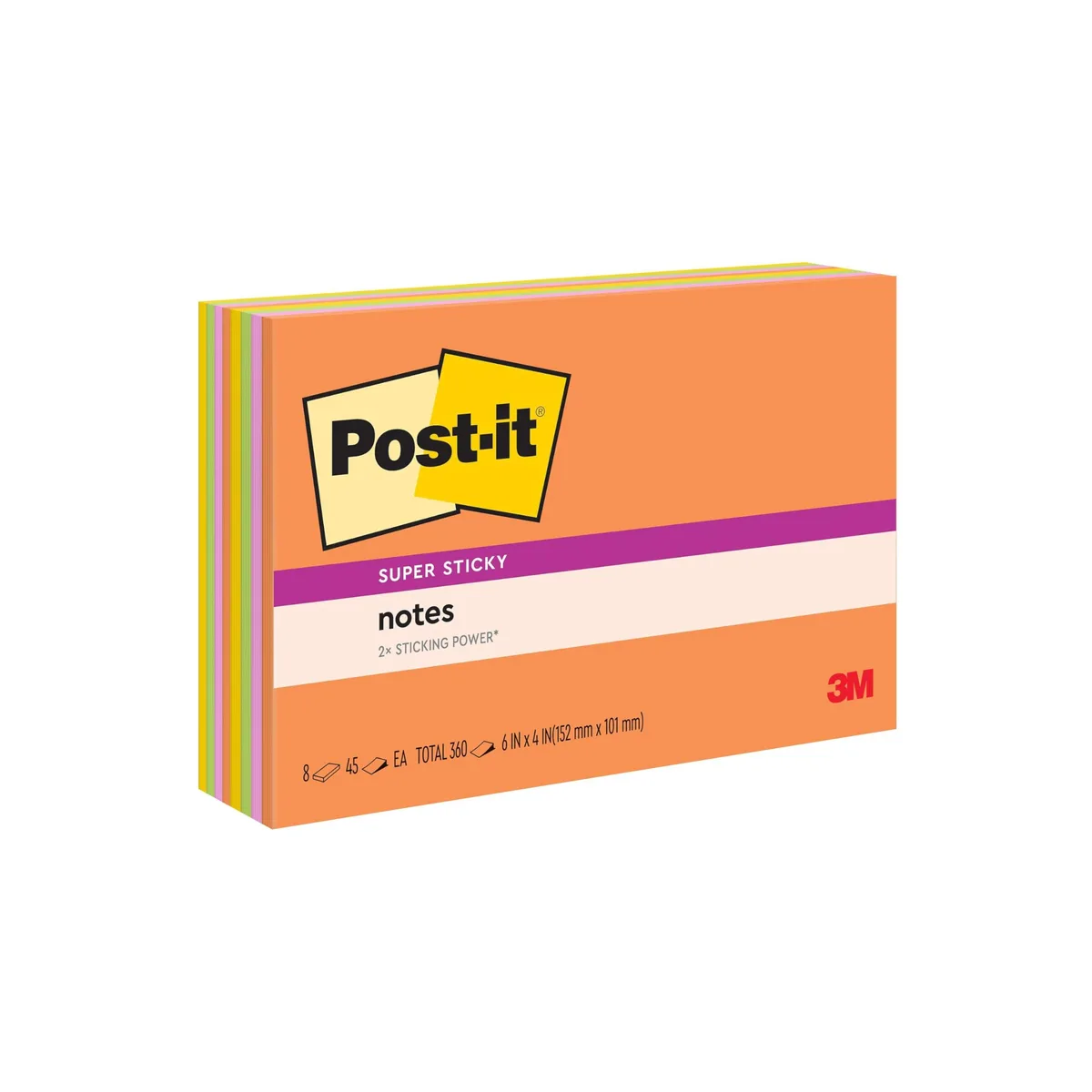 Eight square pads of multicolour Super Sticky notes in Energy Boost colours, 45 sheets each, in a paperboard carton