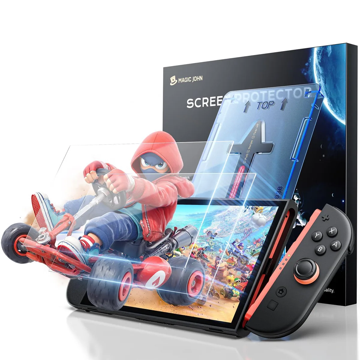 Two clear tempered-glass screen protectors for 7.9-inch Switch 2, with dust-removal stickers and cloths