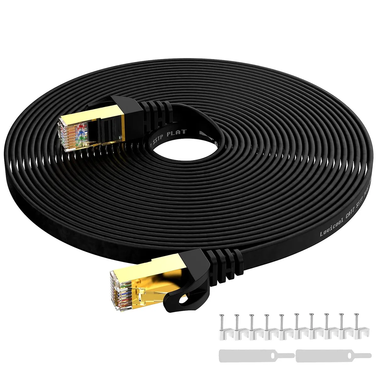  Lovicool Cat7 Flat Ethernet Cable 35ft Black 600MHz 10Gbps STP Gold RJ45 — product photo