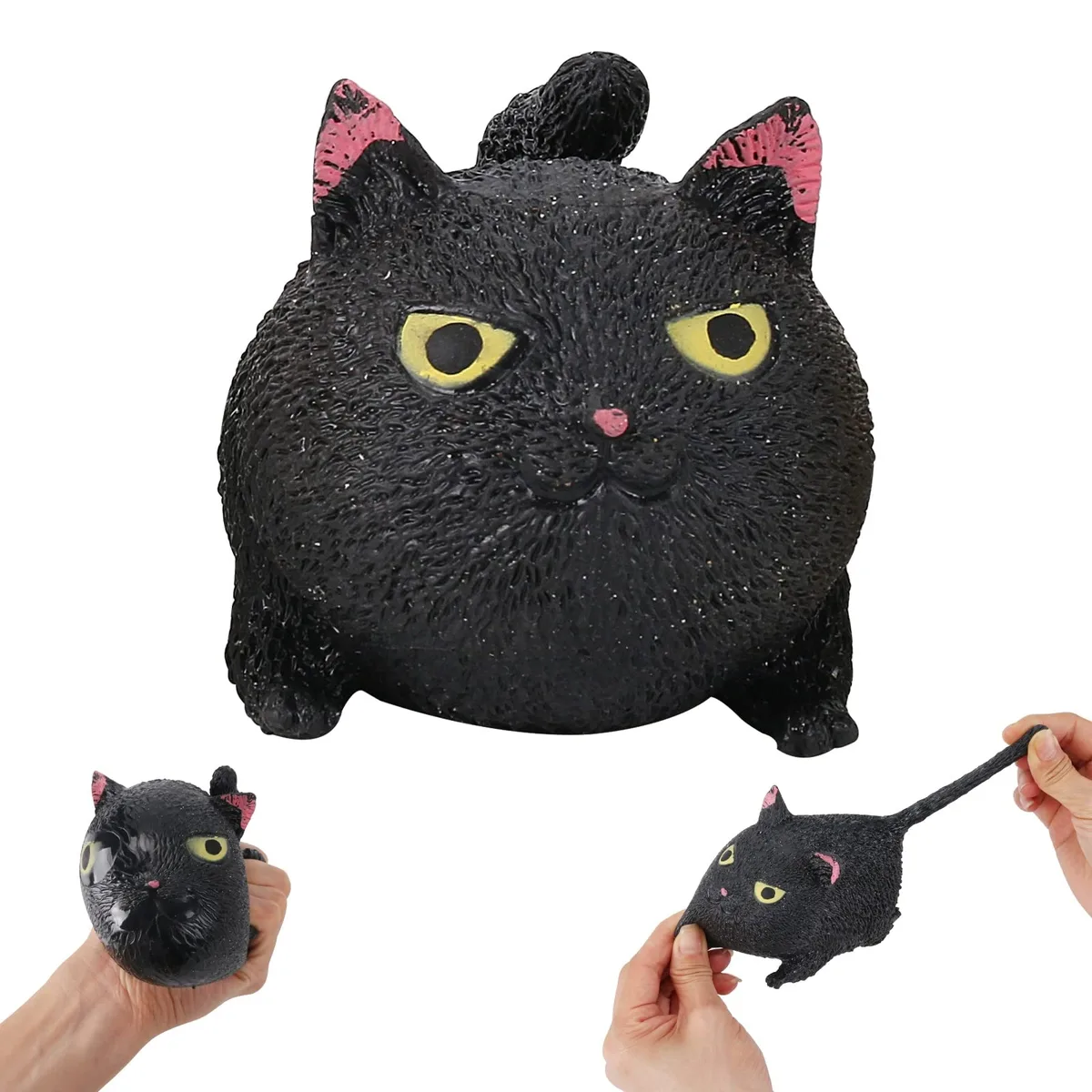 Black cat-shaped squishy stress ball with soft textured finish