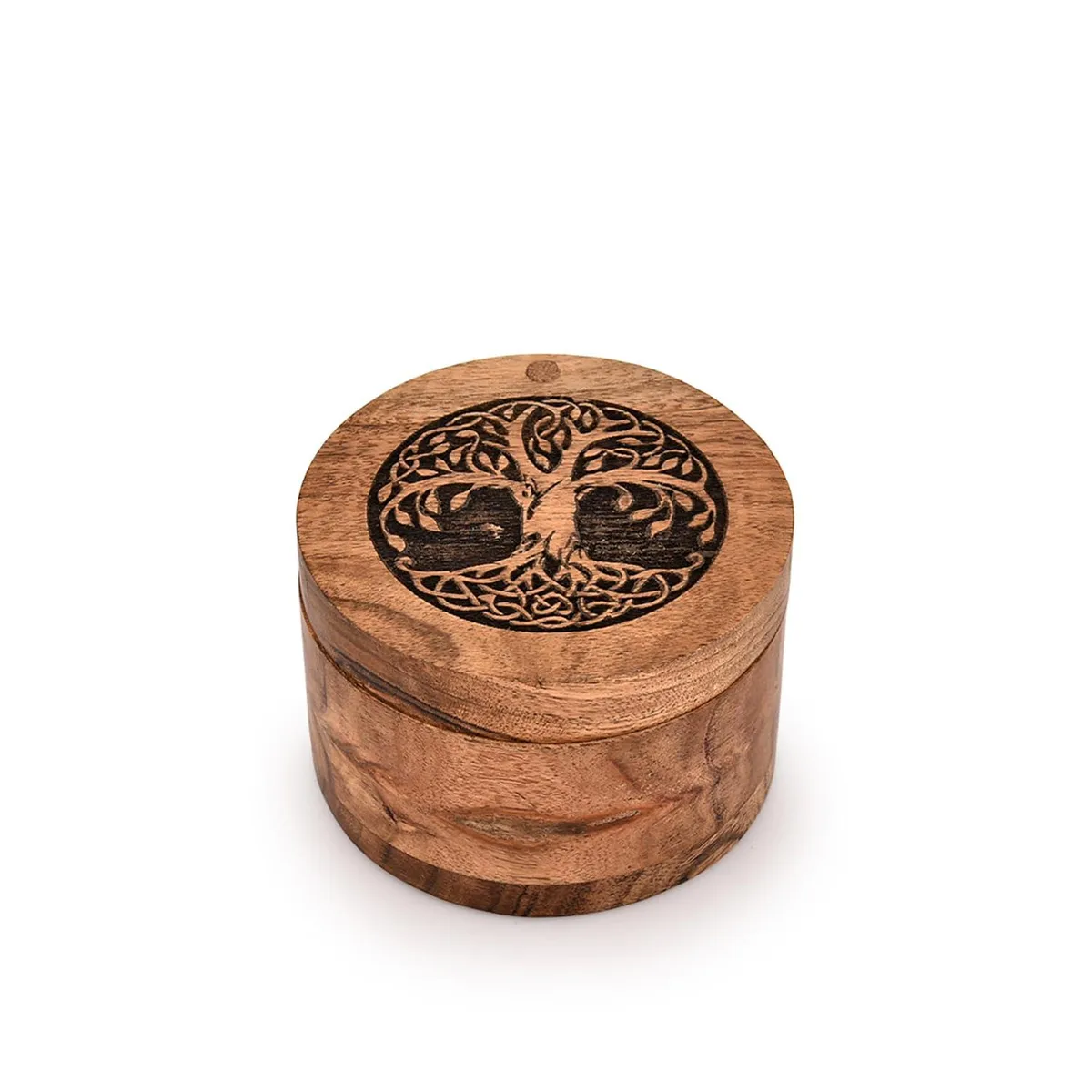 Small round red acacia wood spice cellar with magnetic swivel lid