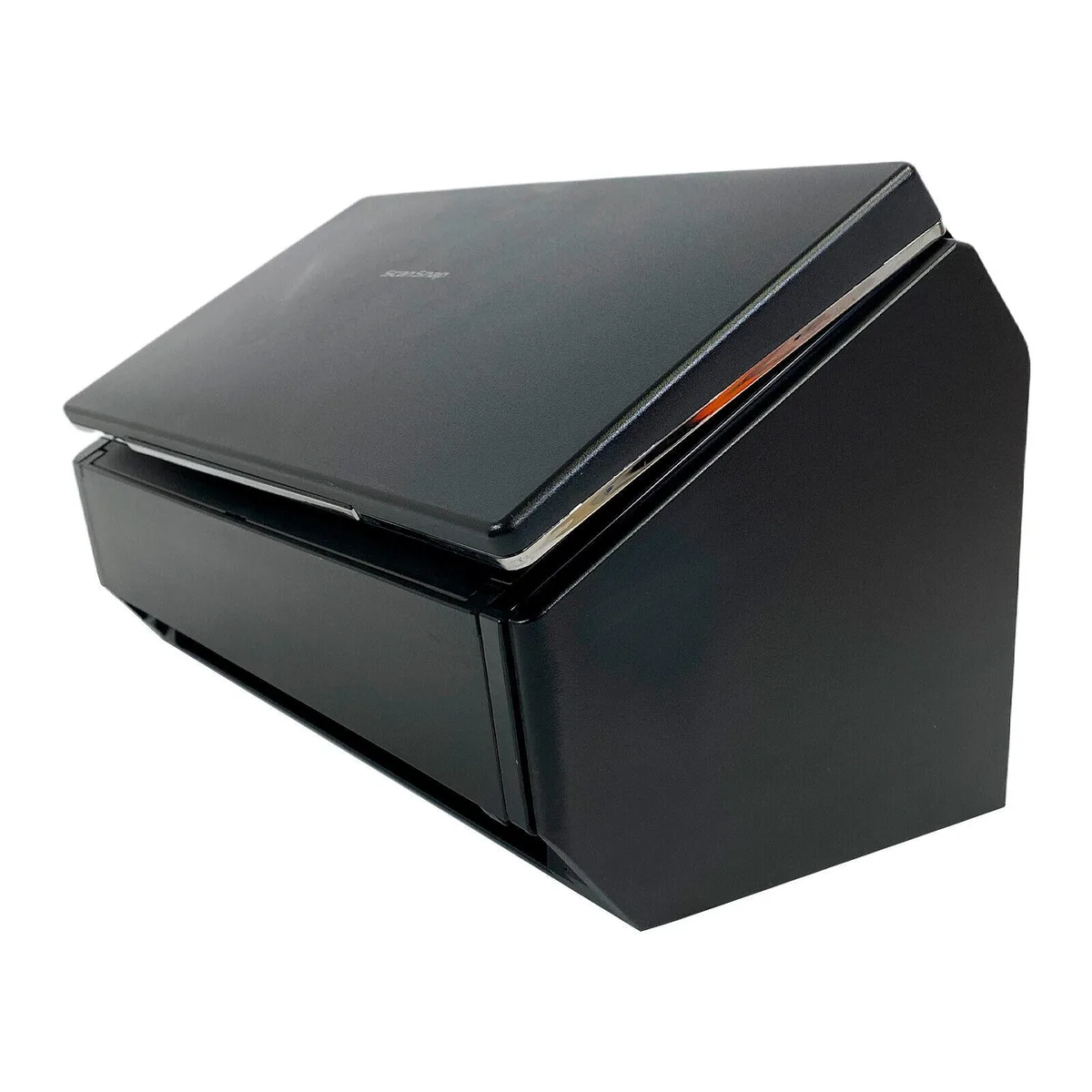 White rectangular document scanner with front paper tray and top output slot
