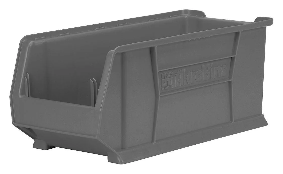 Grey plastic storage bin with handle and label holder, 10x11x23 in