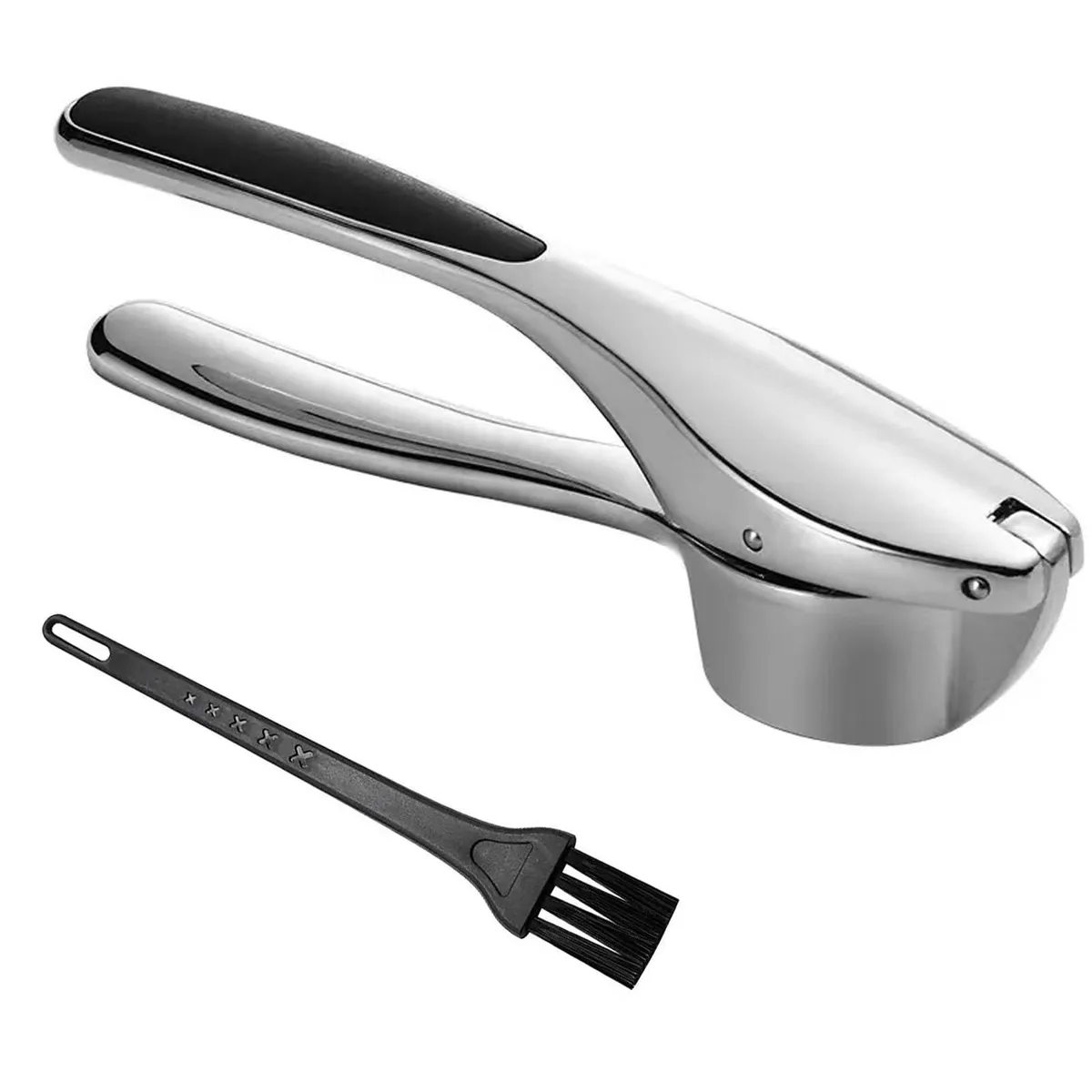 Zinc alloy garlic press with TPR handles and cleaning brush, 160 degree opening