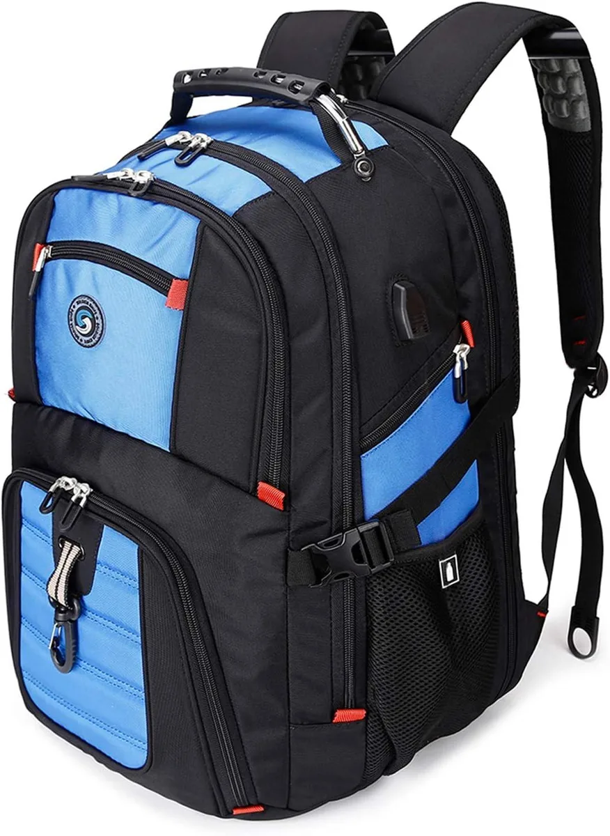 Blue 50L travel laptop backpack with USB port and combination lock