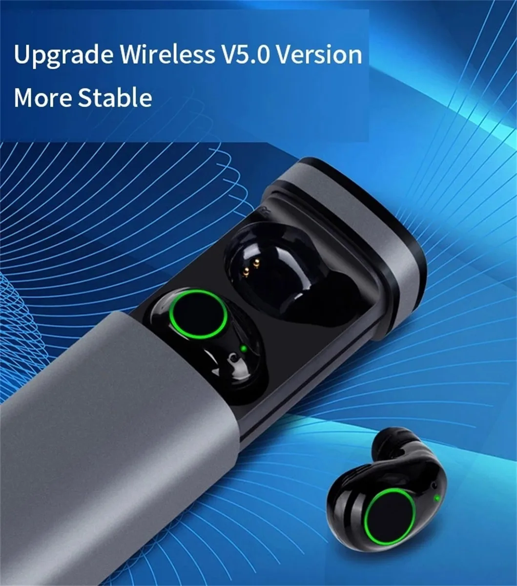 Grey true wireless earbuds with matching charging case showing LED battery display