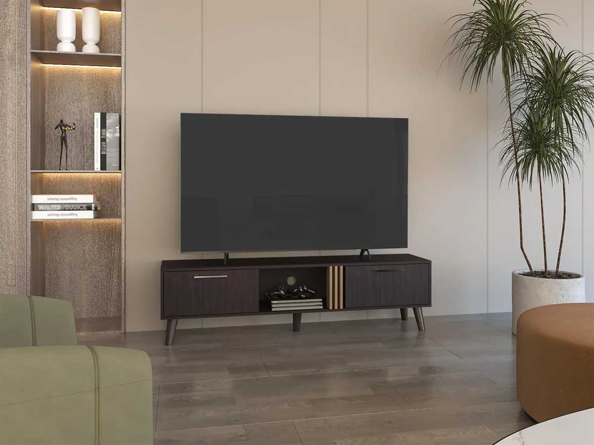 tuphen tuphen 63" TV Stand with Two Pull-Down Cabinets, Two Shelves, Cable Management, Black Wengue - Light Oak — product photo