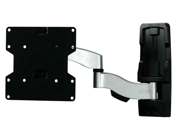 Thin silver aluminium arm folded flat against a black wall plate, 35mm profile, cable clips visible