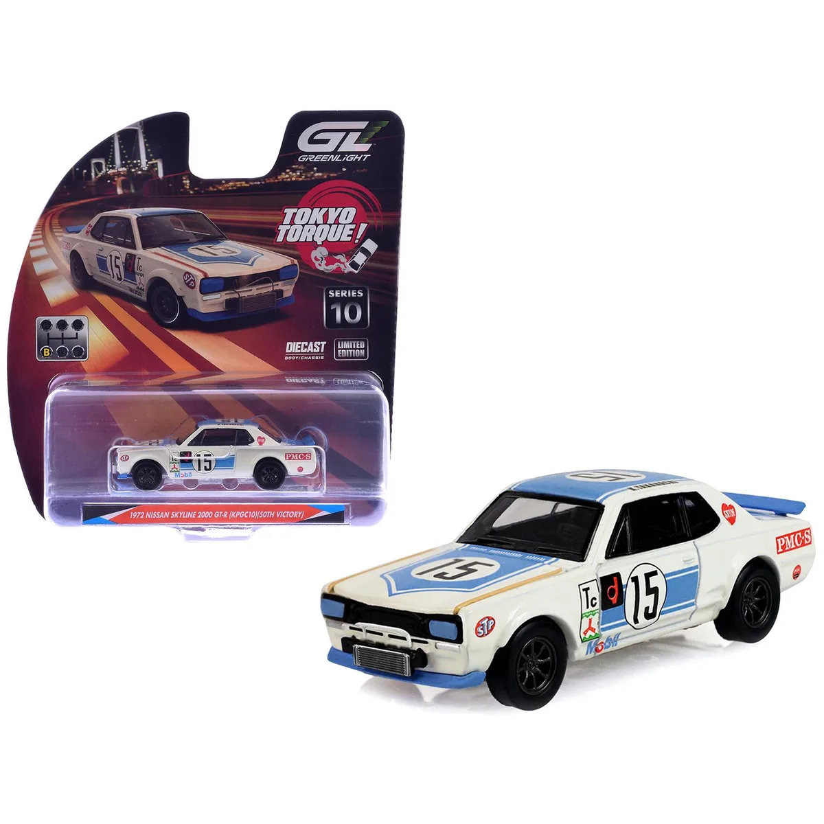 GREENLIGHT GREENLIGHT 1972 Nissan Skyline 2000 GT-R KPGC10 RHD #15 Kunimitsu Takahashi White Blue Stripe 1/64 Diecast — product photo
