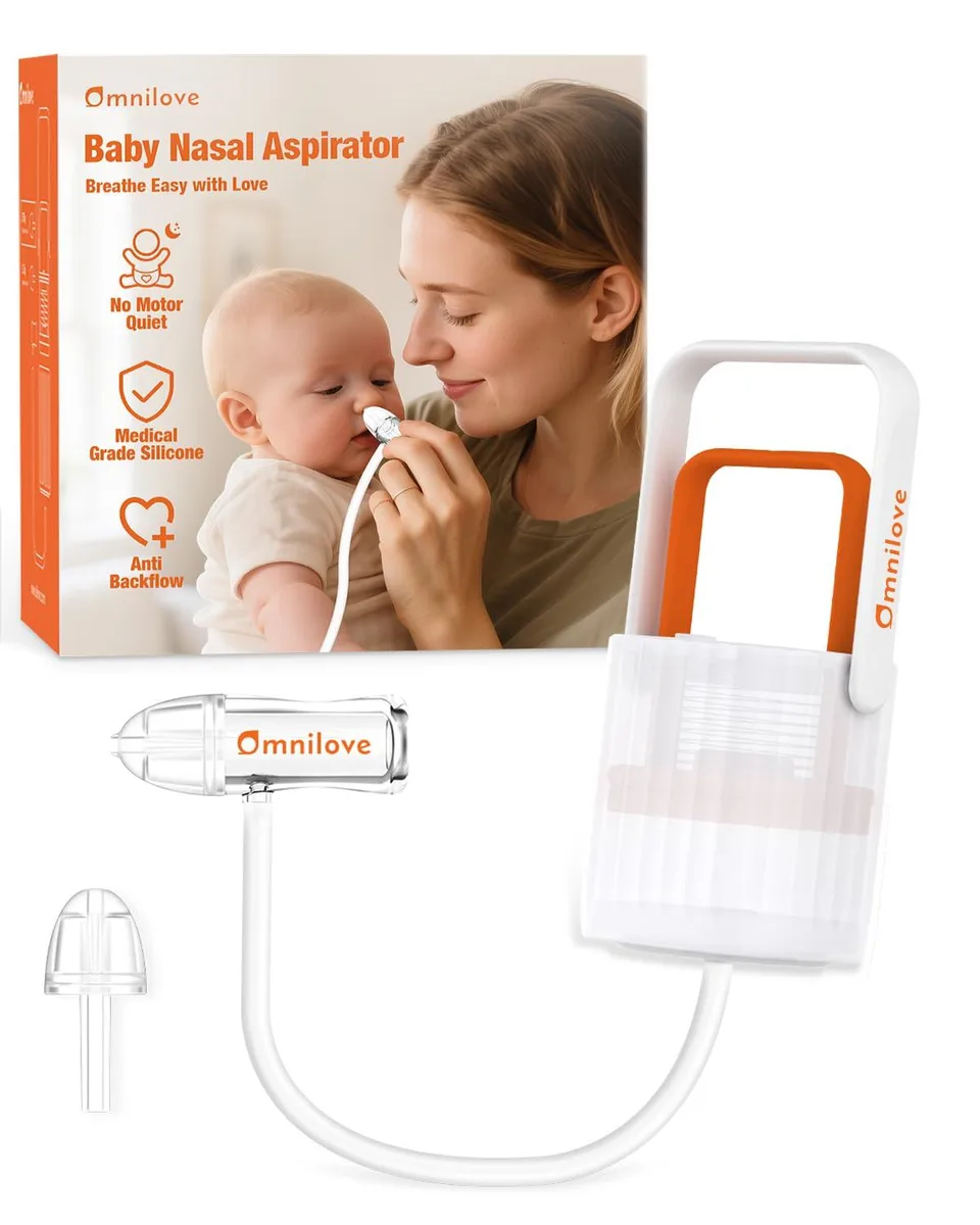 White manual nasal aspirator with hand pump, clear reservoir, soft silicone tips and tubing