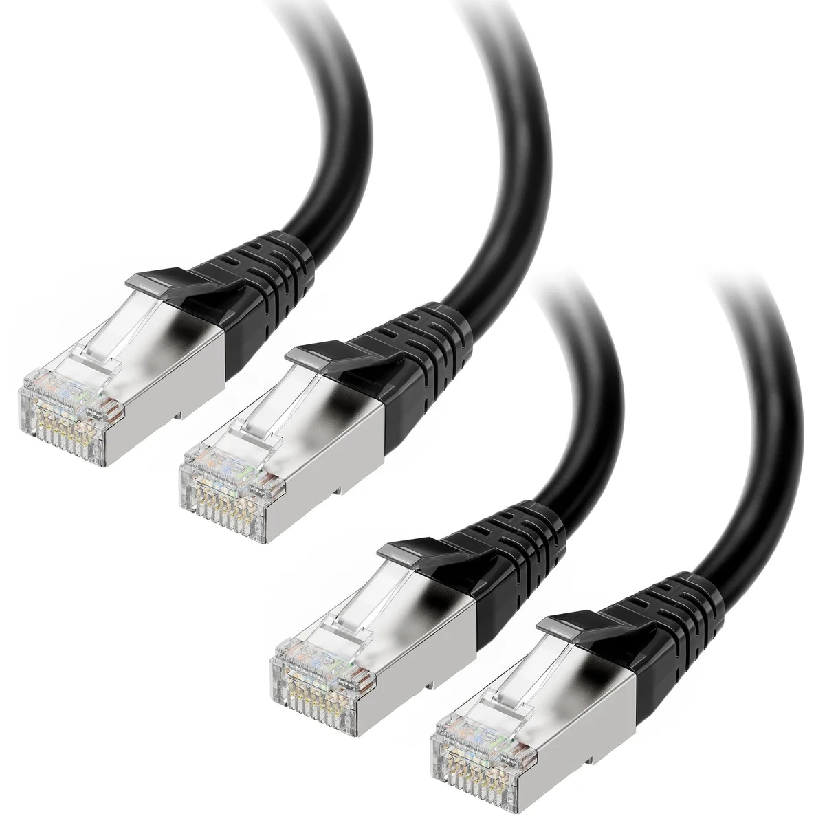 Two black Cat 8 Ethernet cables, 5 feet, RJ45 connectors, S/FTP shielded