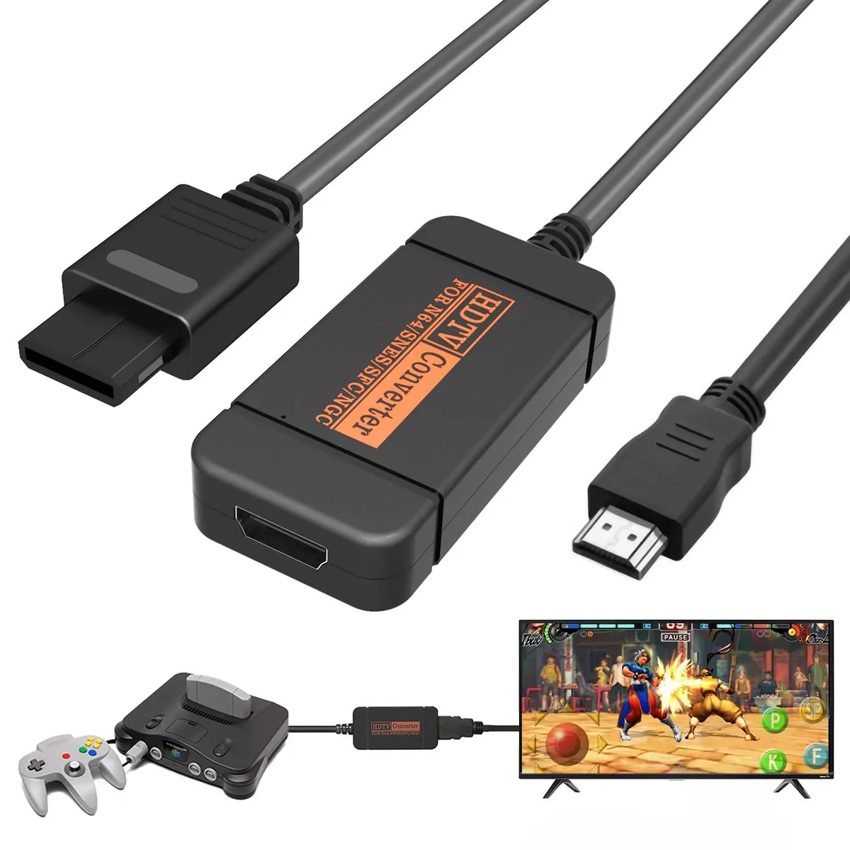 Small black adapter with attached HDMI cable for N64 GameCube SNES