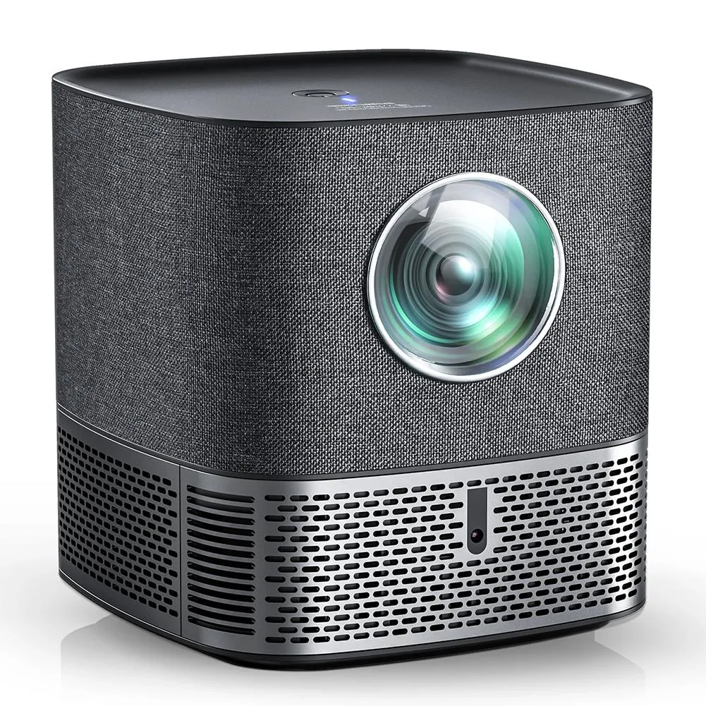 Compact black rectangular projector with smooth matte finish and front glass lens