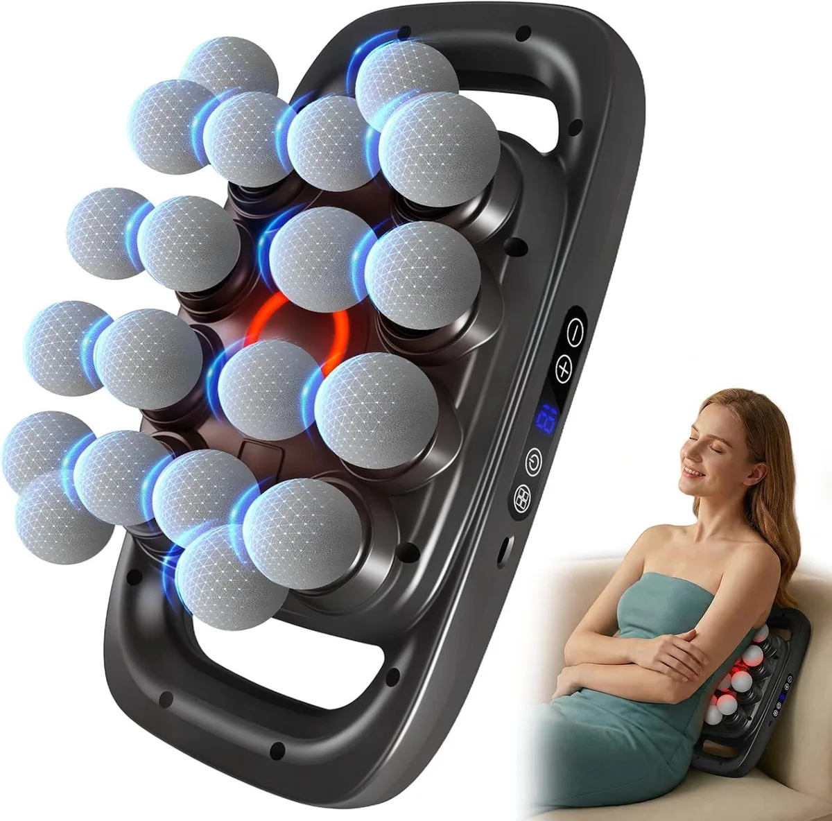 Black rectangular percussion massager with multiple interchangeable heads visible on top