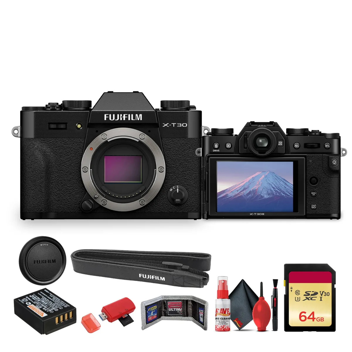 FUJIFILM FUJIFILM X-T30 III compact mirrorless camera (Black) bundle with 64GB memory card — product photo