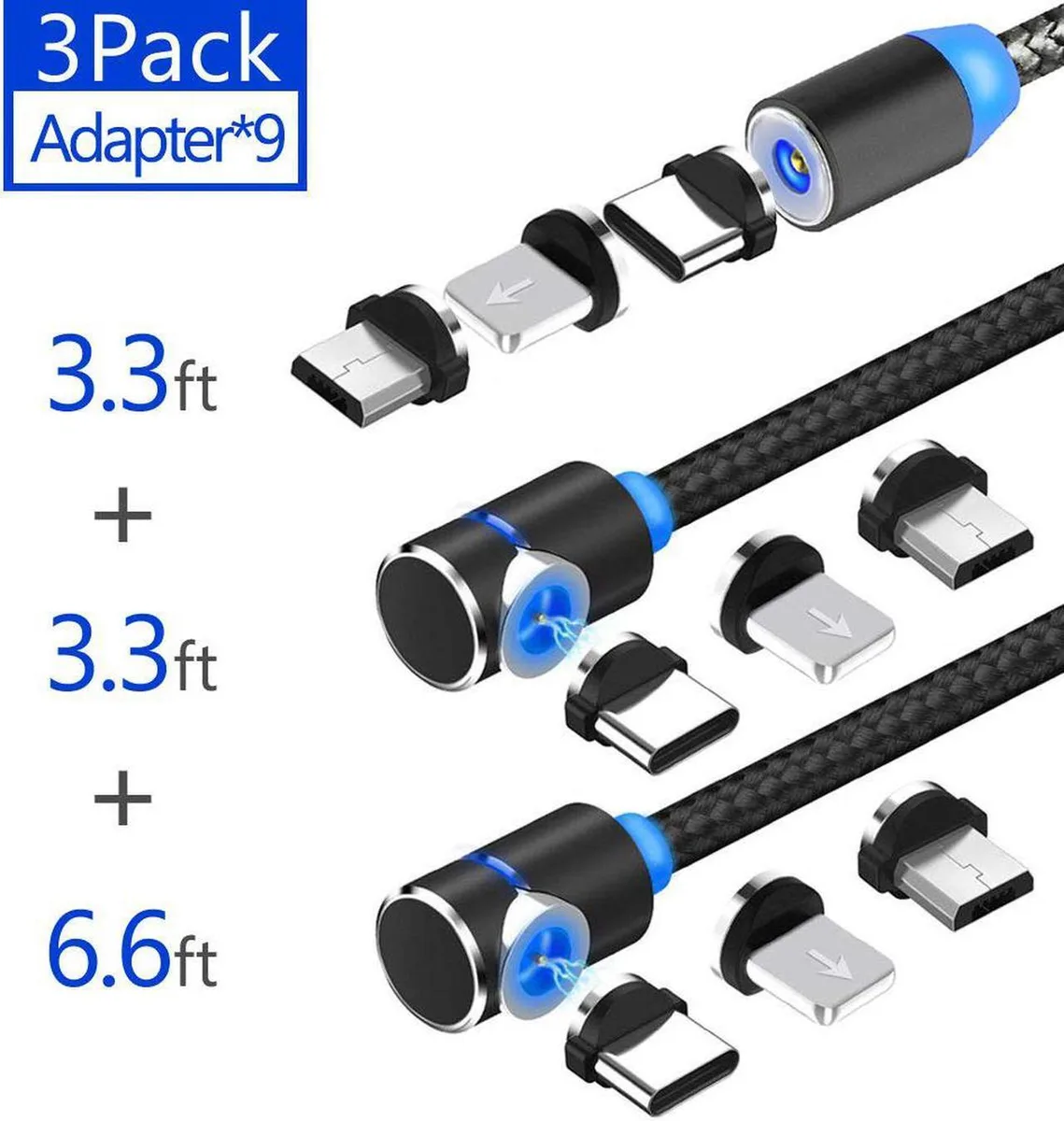 Aomoproing Aomoproing Magnetic Charging Cable 3-Pack 3.3 ft Straight 3.3 ft L 6.6 ft L Black 2.4A — product photo