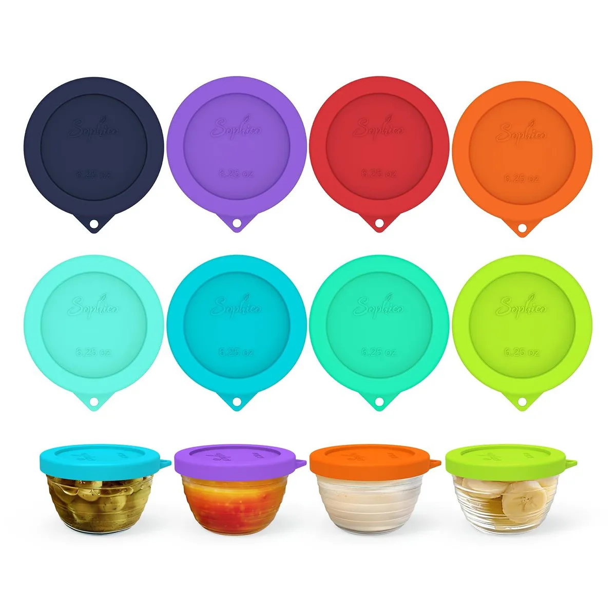Eight translucent silicone lids with centre hanging holes, 3.45in diameter