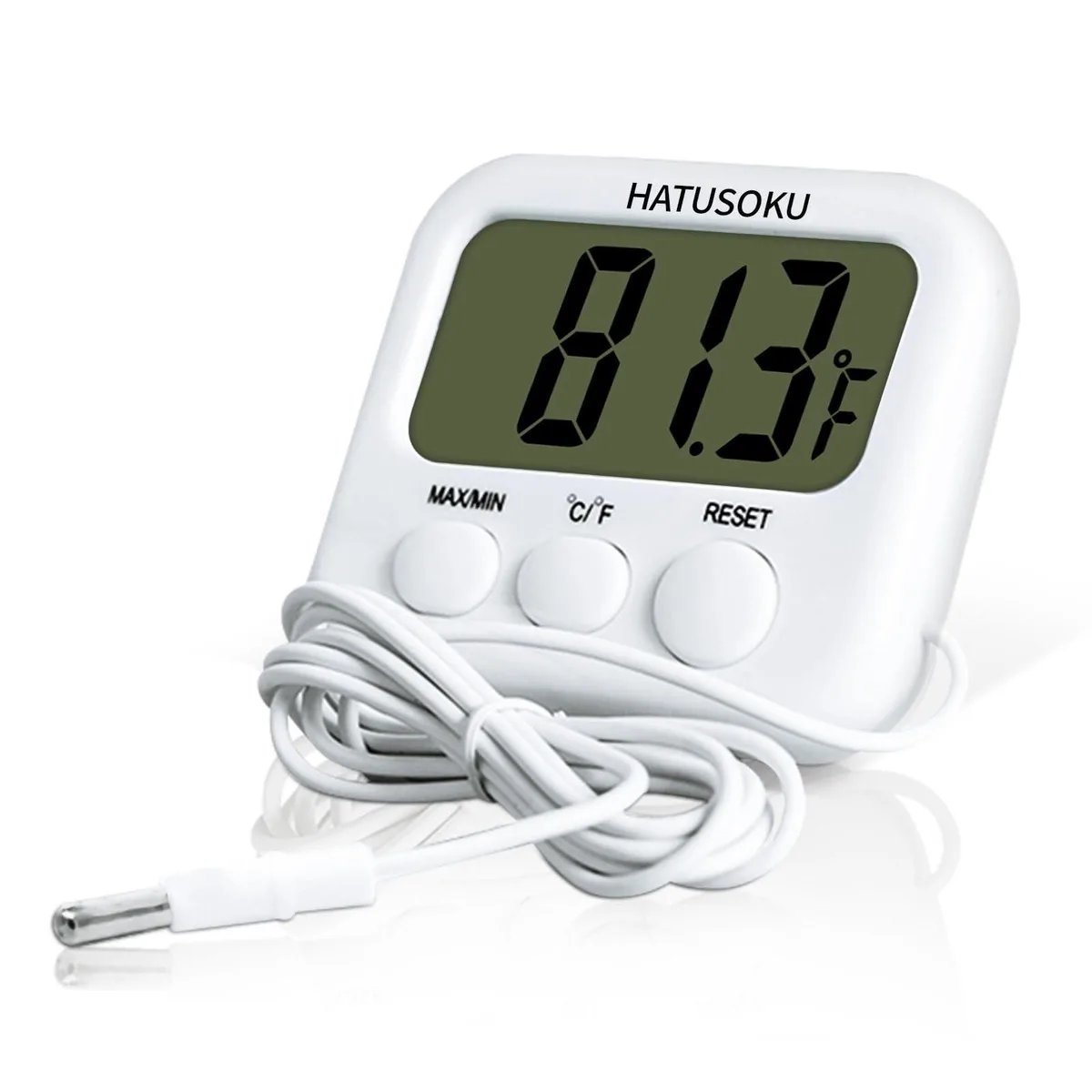 White rectangular digital thermometer with external sensor on long cord, magnet and suction cup visible