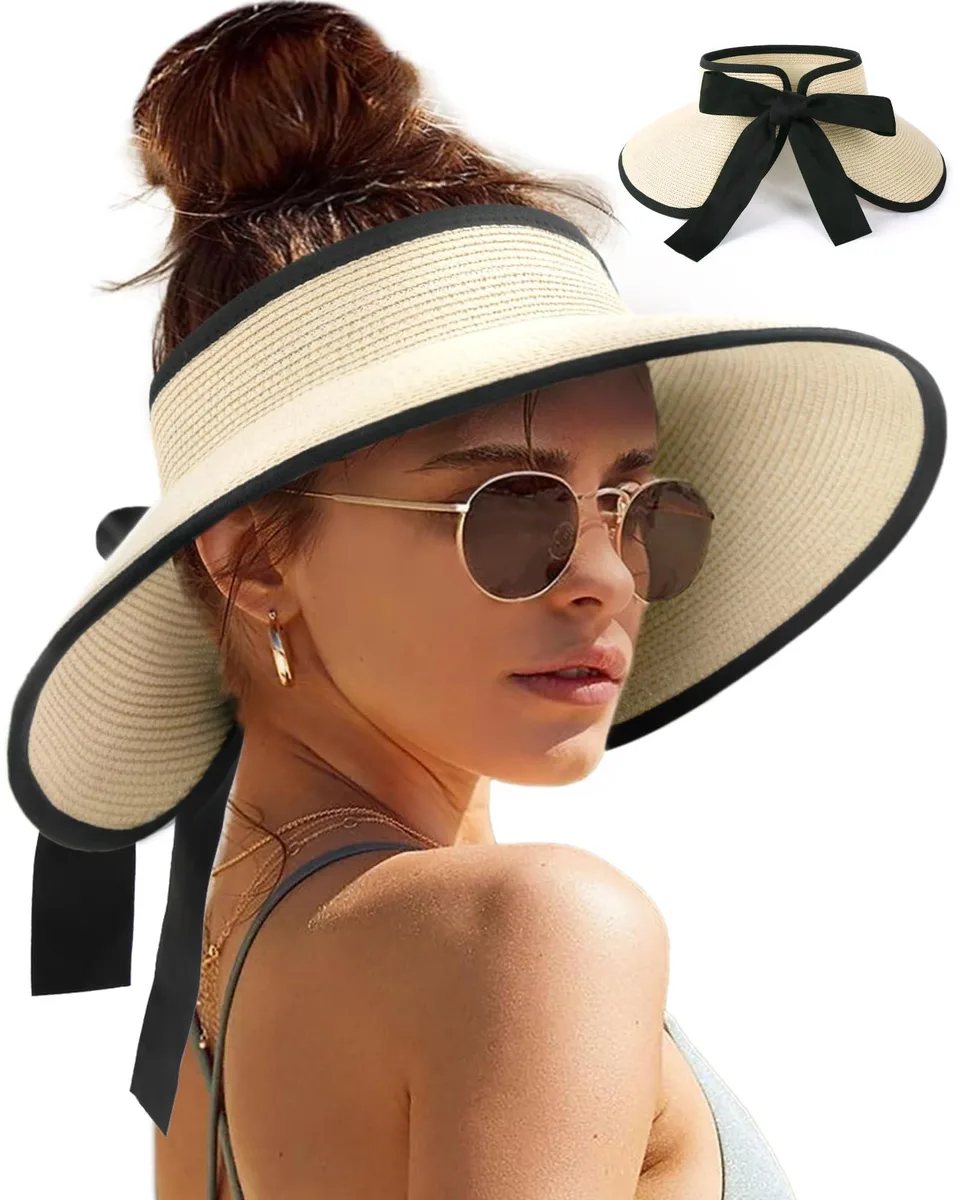 Camptrace Women's Straw Sun Visor UPF Wide Shade Ponytail Beige — product photo
