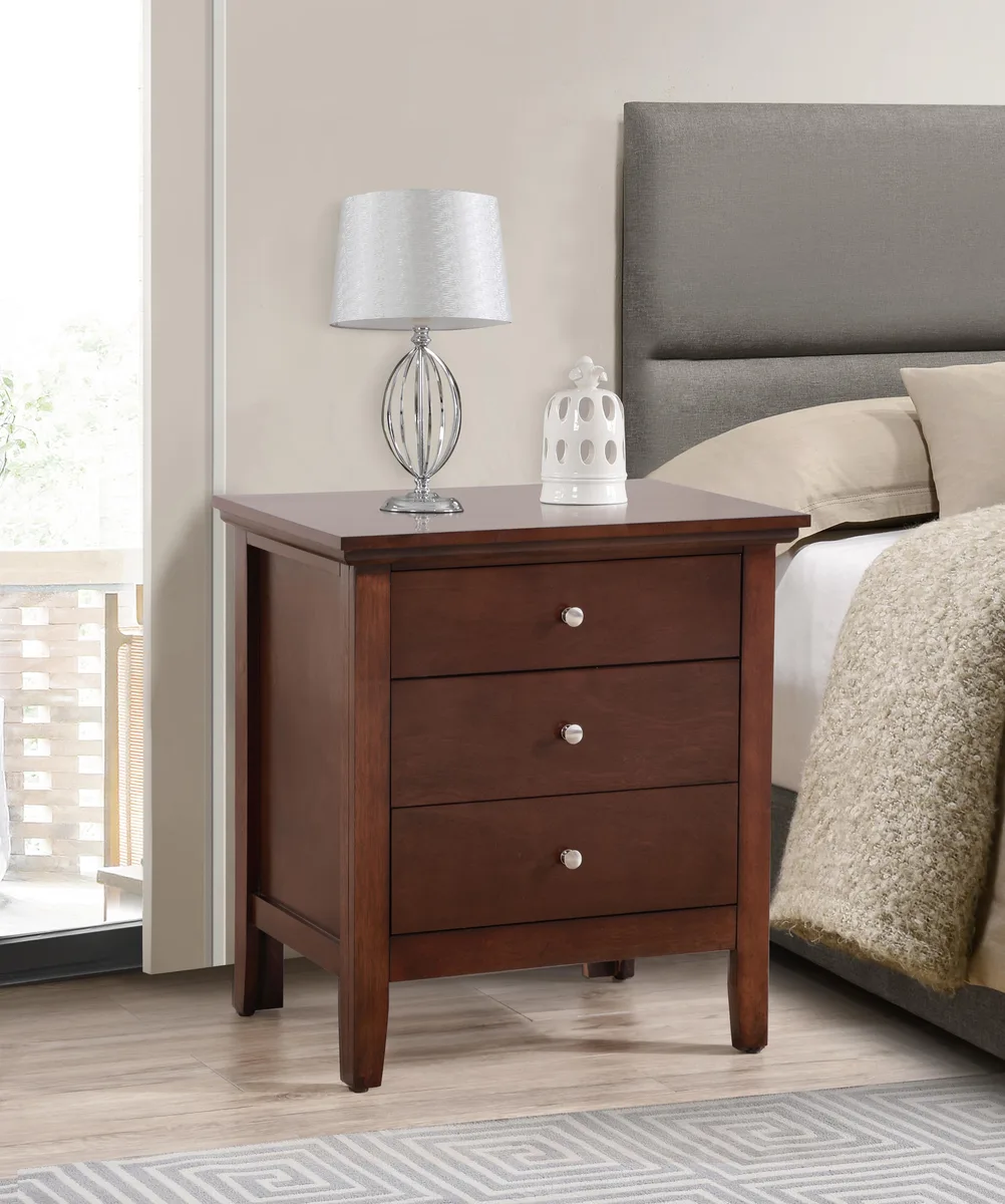 Three-drawer nightstand in cappuccino finish with nickel hardware