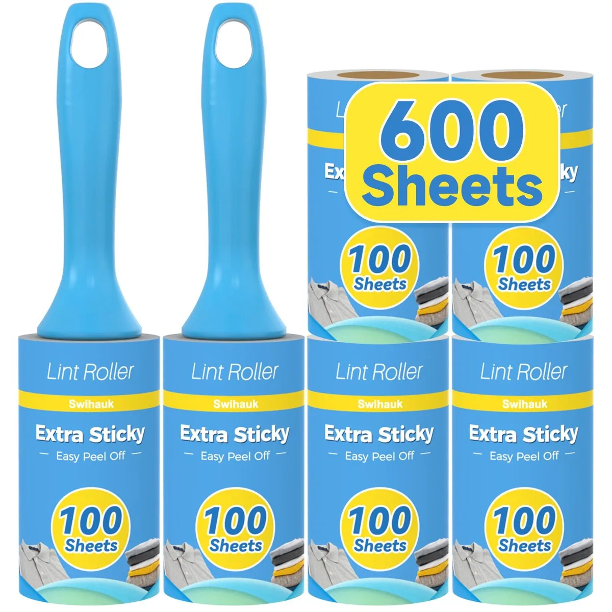 Six white lint rollers with ergonomic handles in a rectangular box