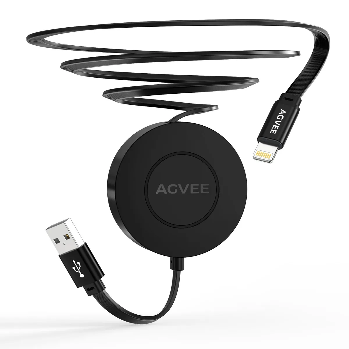 Black retractable Lightning cable with fixed base, 0.3ft fixed and 2.3ft extended length, USB-A connector
