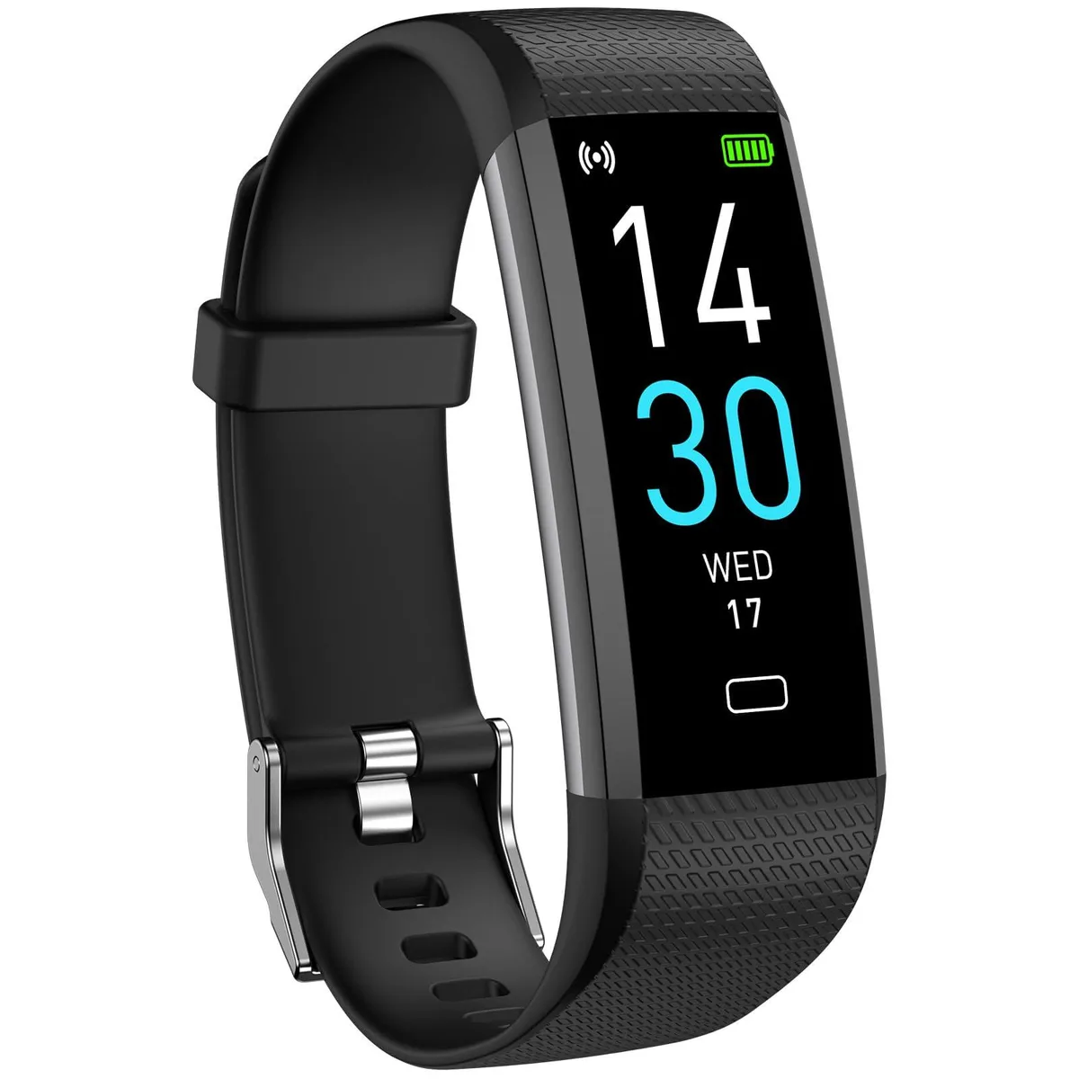 Black rectangular smartwatch with dark strap and square display