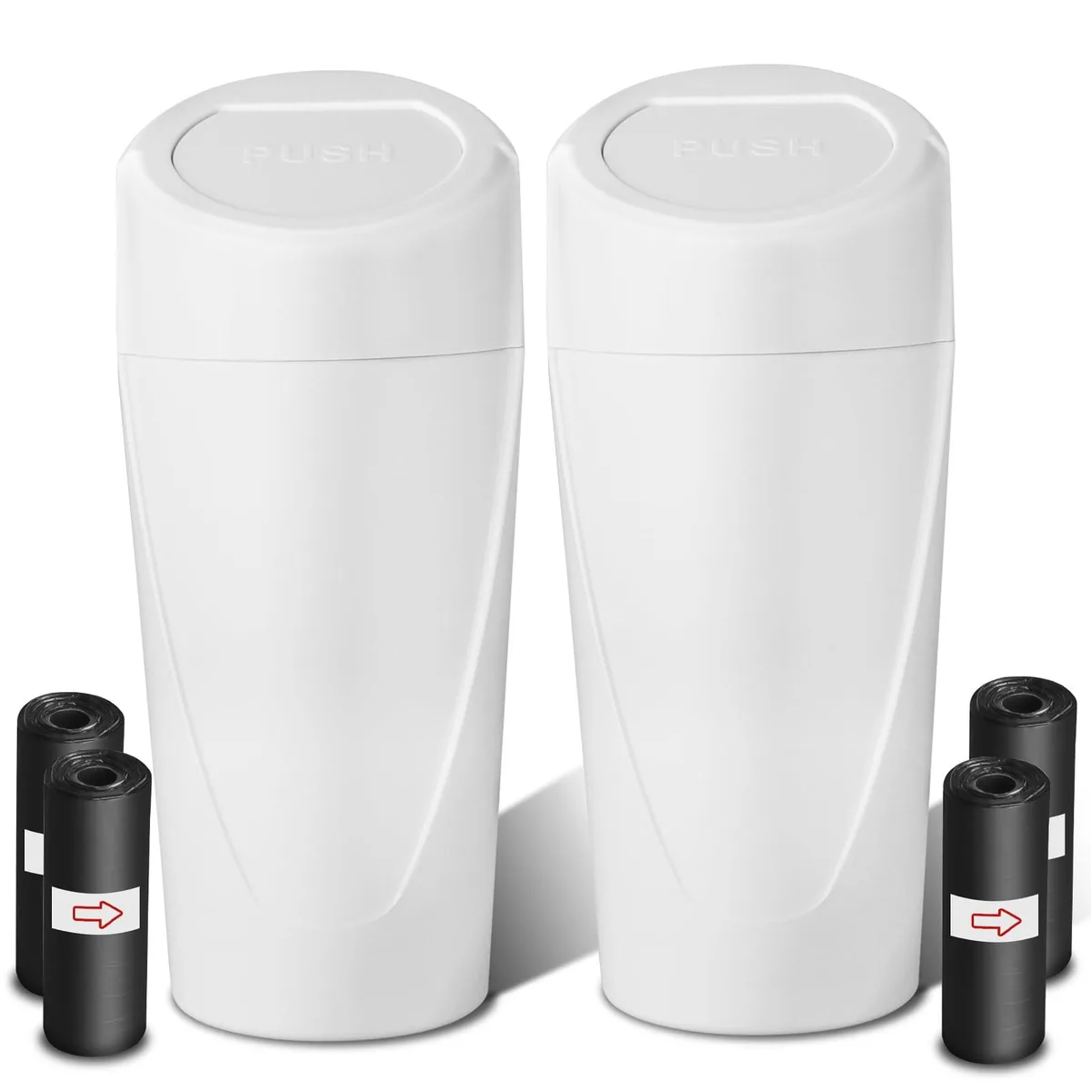  Baldwin Car Trash Can with Lid 2 Pack 80 Bags White 7.7x2.6x2.6 in — product photo