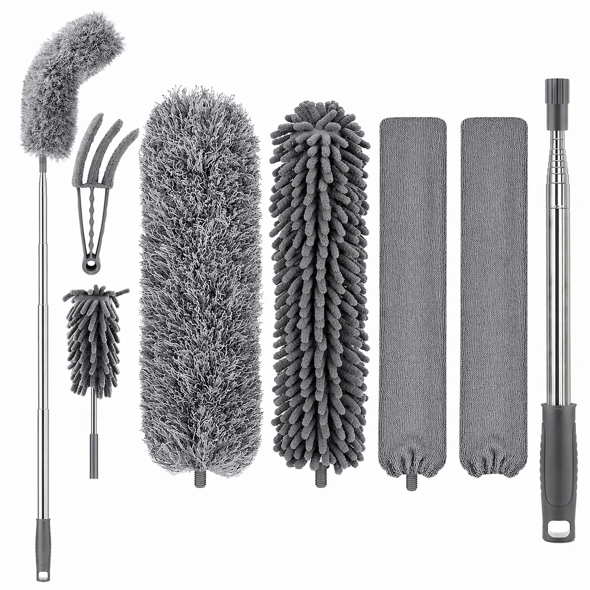 Dark gray microfiber feather duster kit with telescopic pole extending 30 to 100 inches