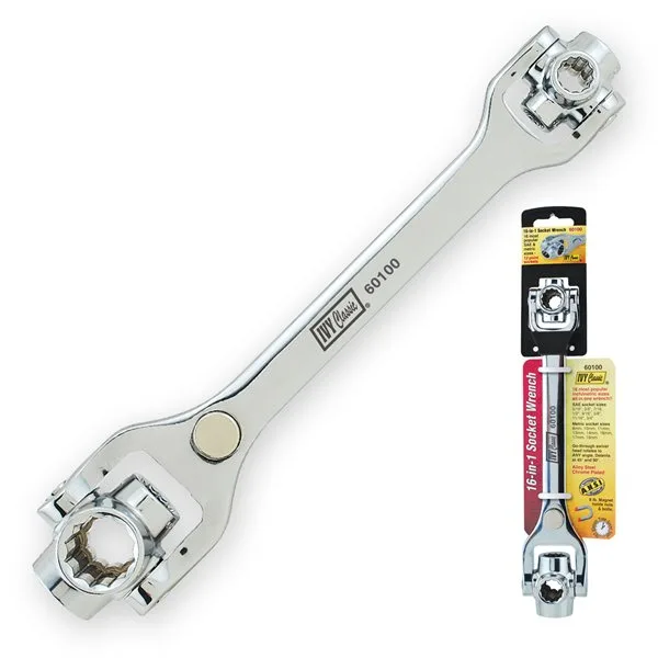 Chrome-plated 10 inch 16-in-1 socket wrench with swivel head