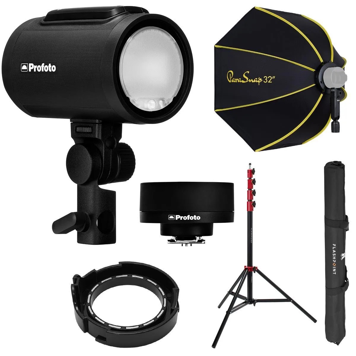 Compact flash head with wireless transmitter, light stand, octagonal softbox and magnetic adapter
