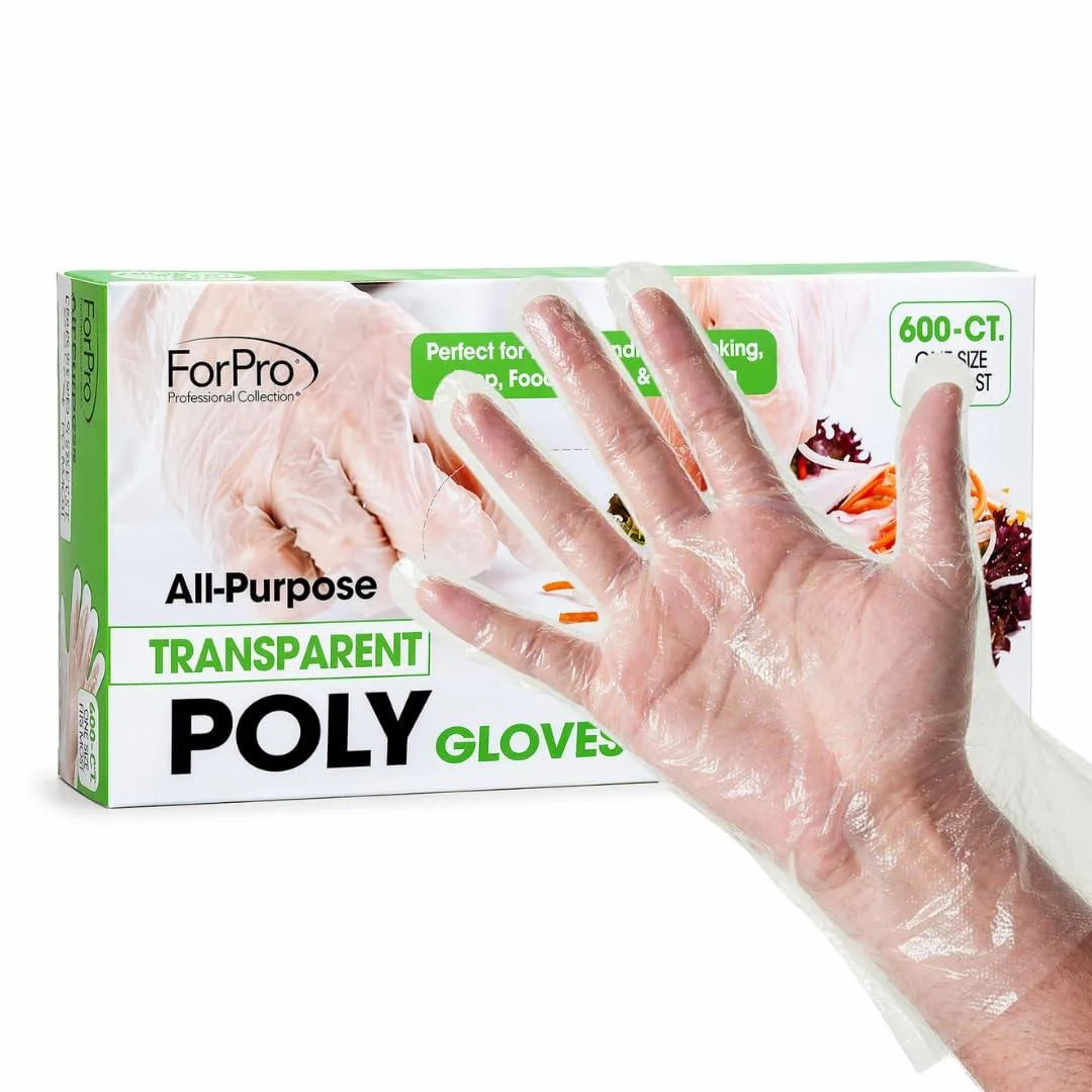 Clear disposable polyethylene gloves in a 600-count dispenser box