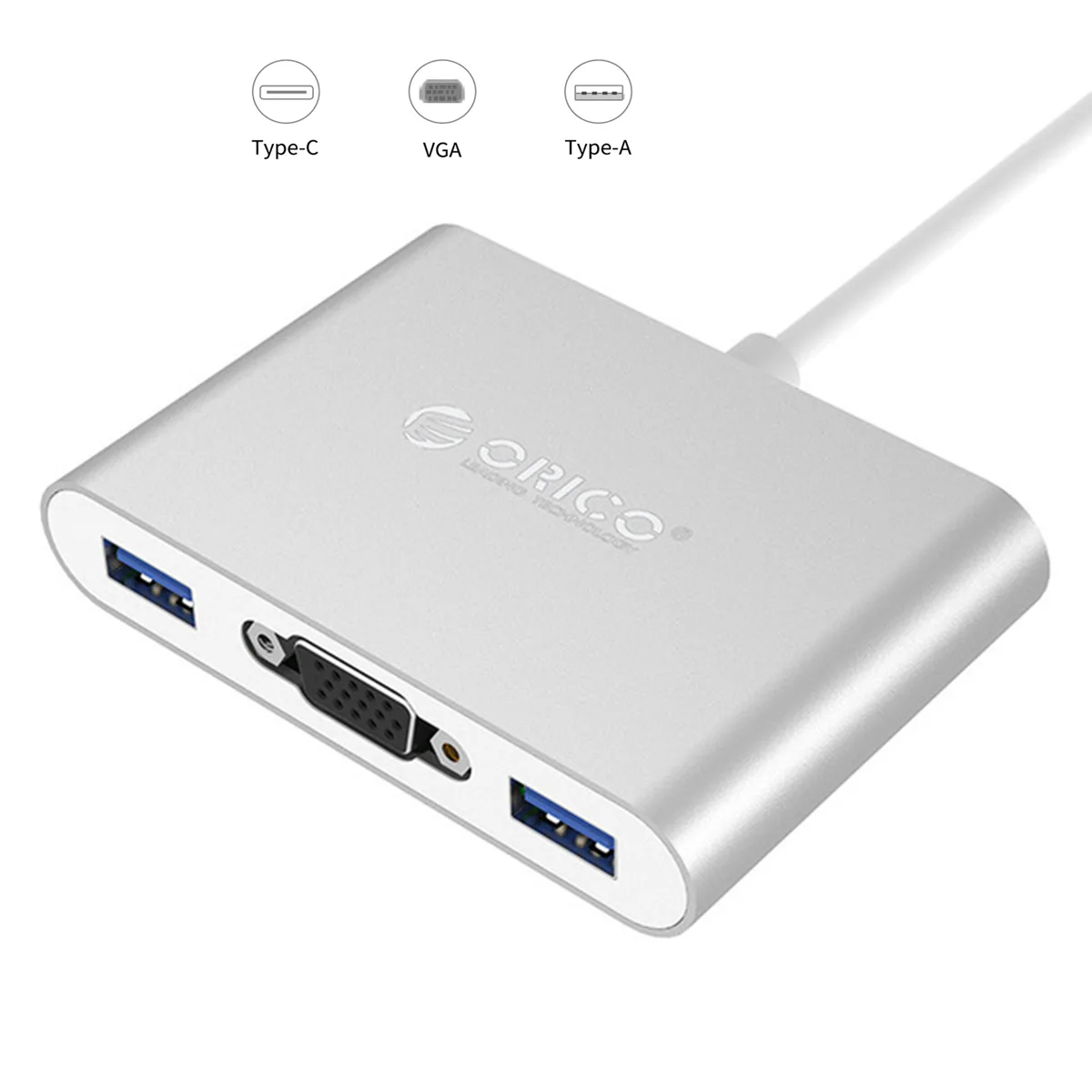 Orico Orico RCV3A-SV-PRO 5-in-1 USB-C hub VGA PD 3×USB 3.0 silver — product photo