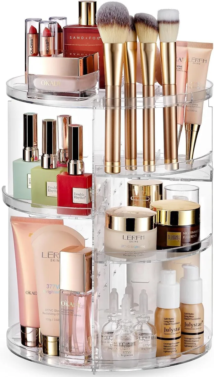 Clear rotating makeup organizer with adjustable shelves, 360-degree spin base