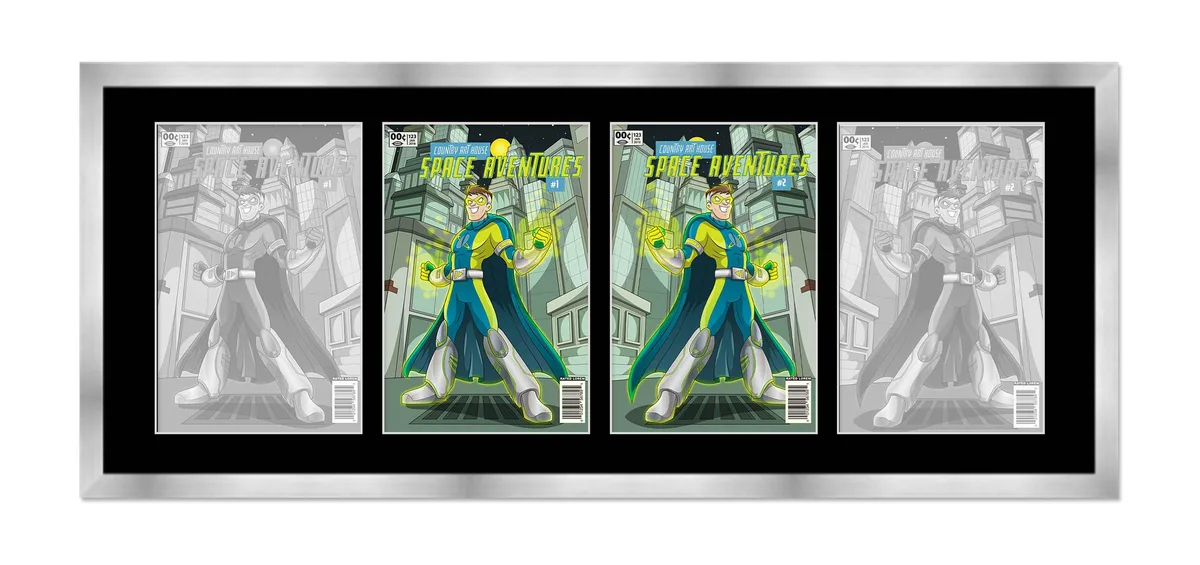 Silver rectangular wood frame with black mat and four horizontal openings for comic books