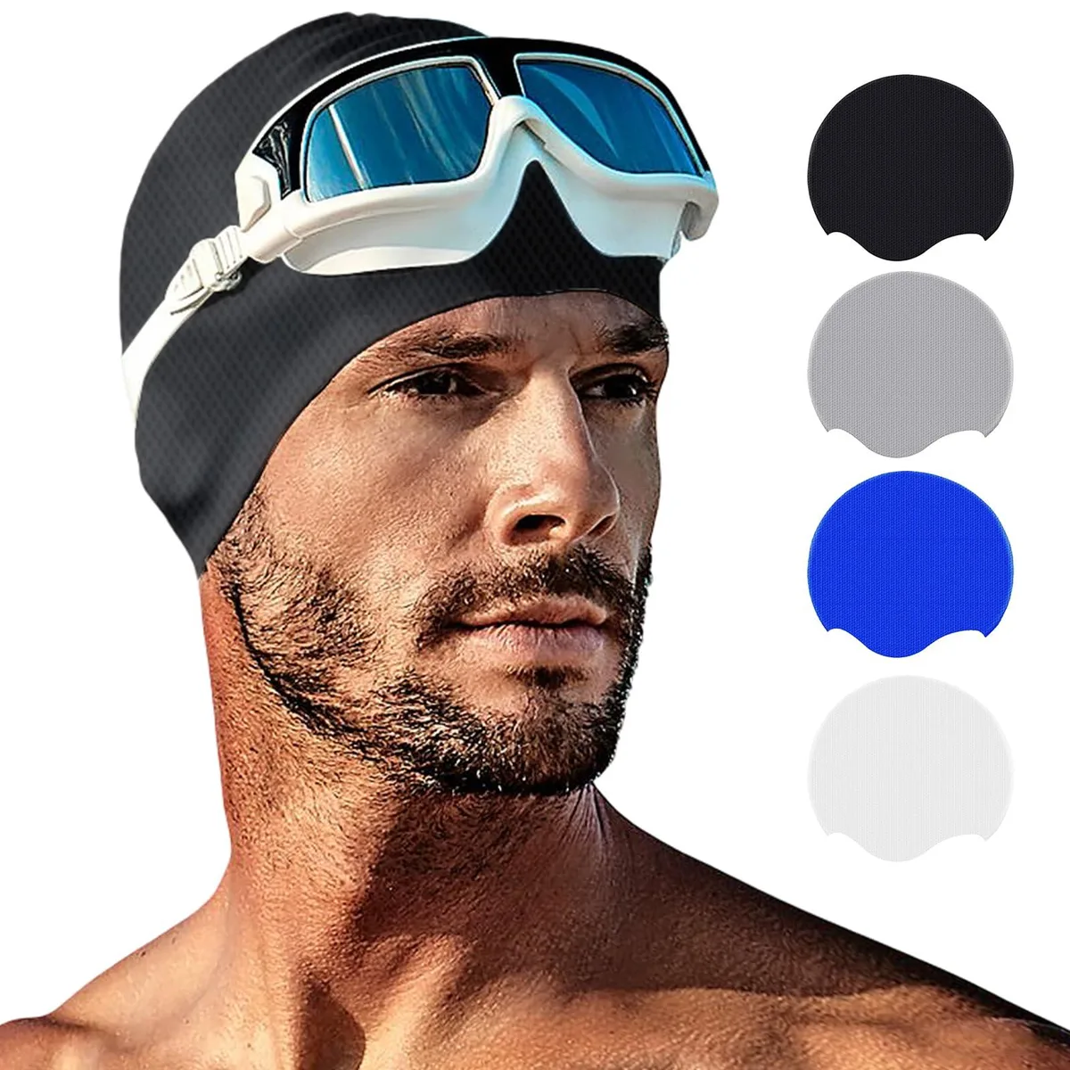 Black silicone swim cap with extended ear covers, one size, stretchy contoured shape