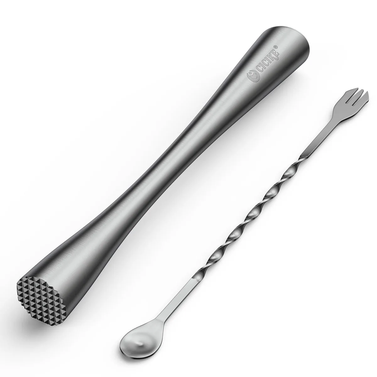 10 inch stainless steel muddler and swizzle spoon with trident fork