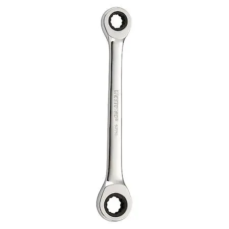 Small chrome box-end wrench with two ratcheting heads and tether hole