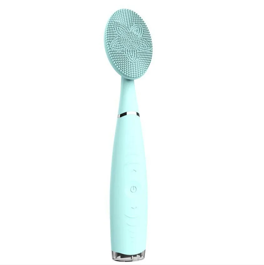 Blue silicone handheld facial brush with USB charging port, 188.5 mm long, IPX6 waterproof rating