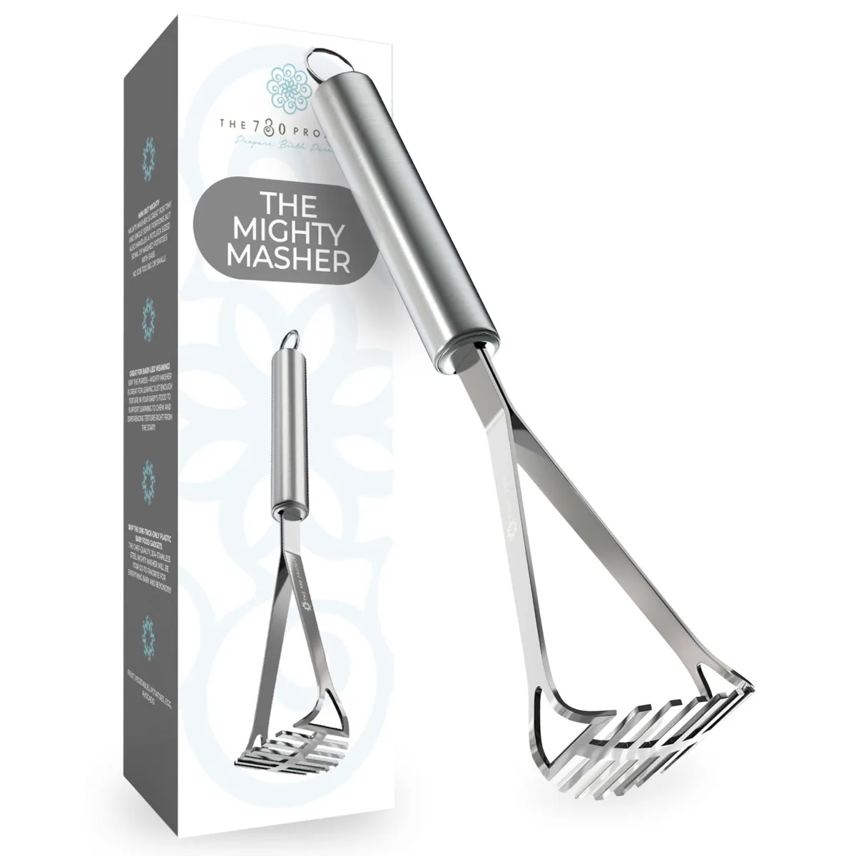 Stainless steel hand masher, 10 inch silver finish, compact head