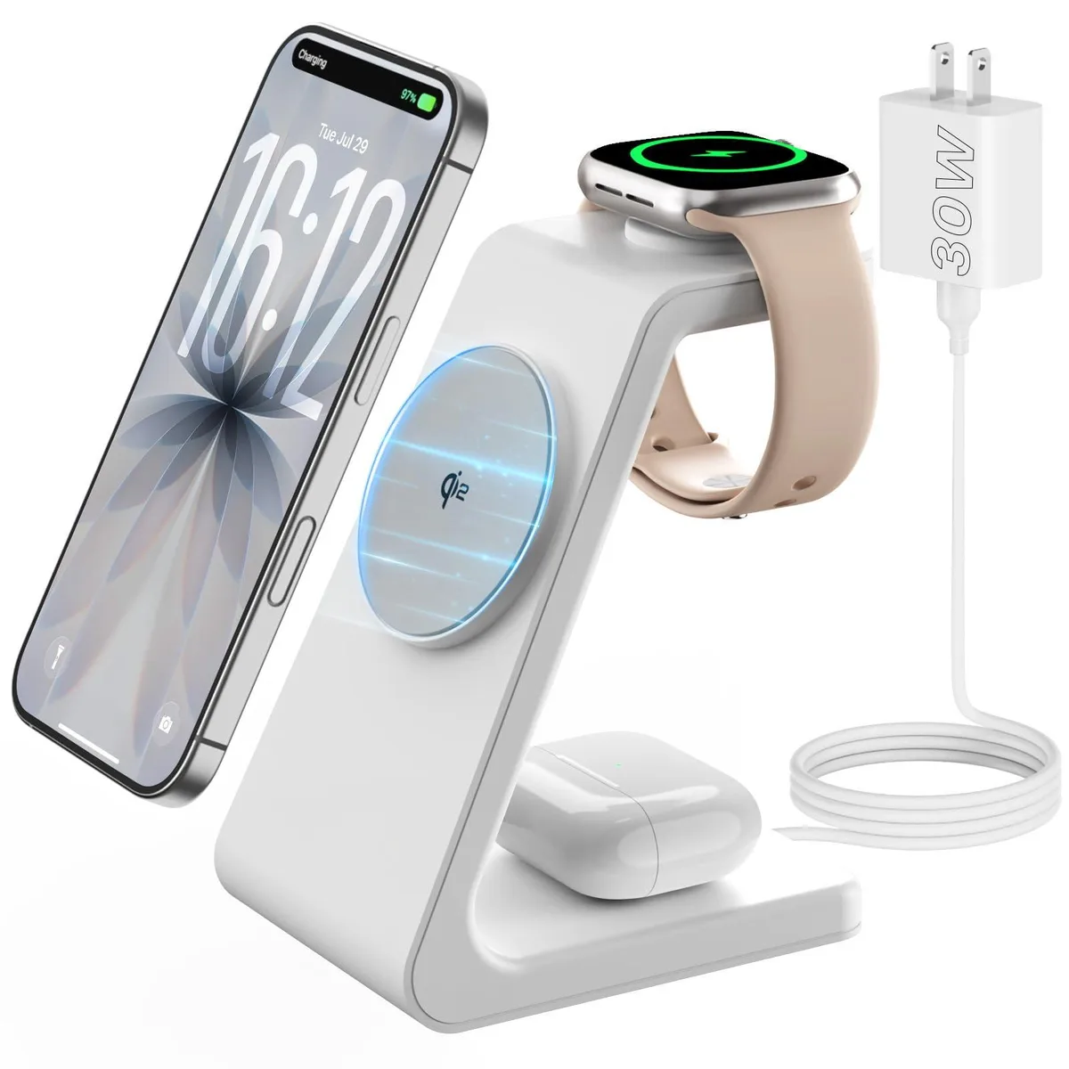  JoyGeek 3-in-1 Qi2 Wireless Charging Station 15W Matte White N52 Magnets 30W Adapter — product photo