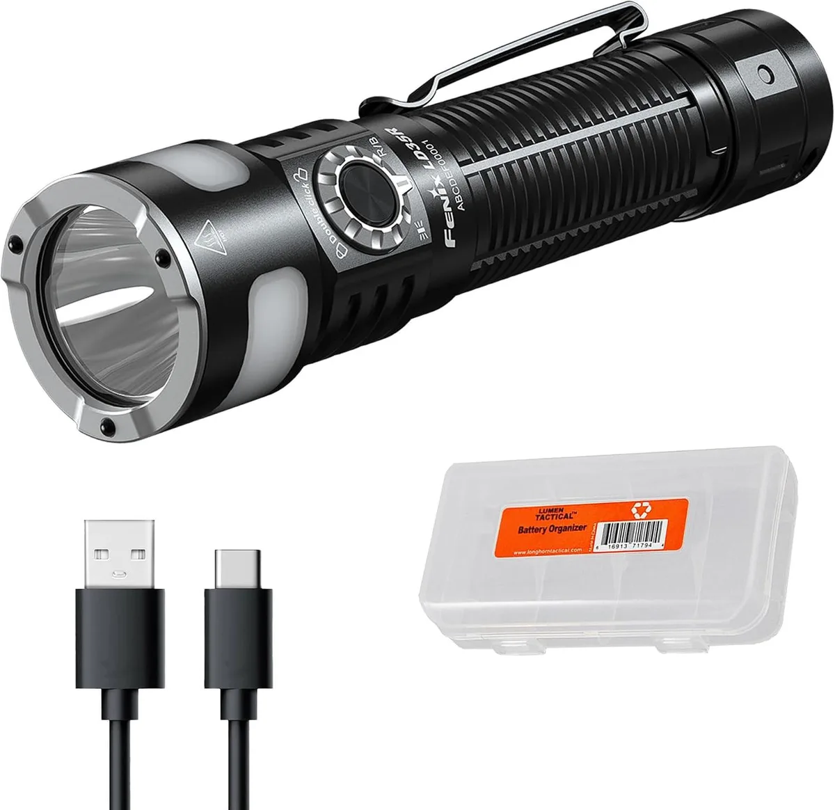 Cylindrical flashlight with textured grey body, USB-C port, side light panel, and included holster and organiser